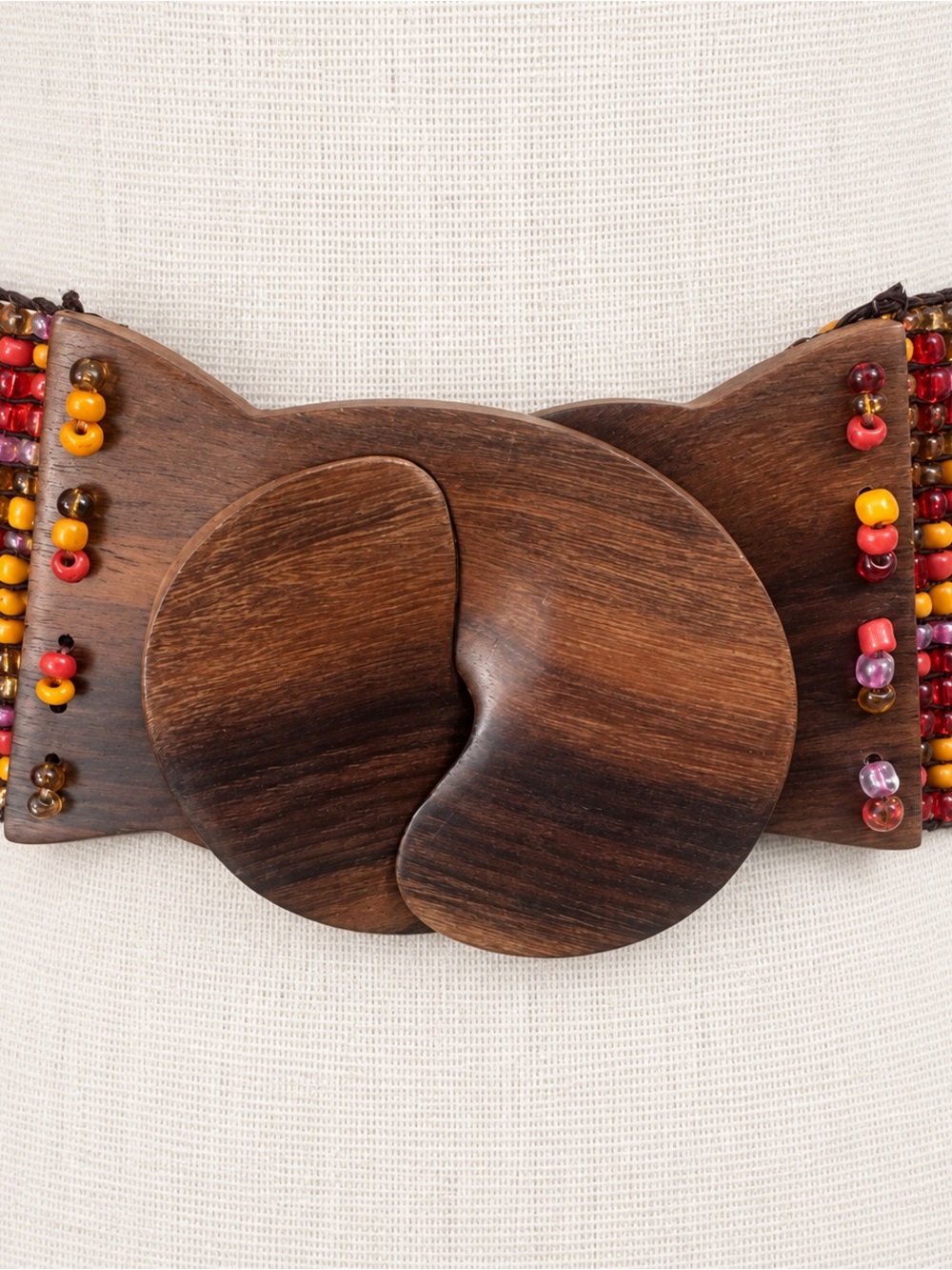 Vintage Handmade Multicolor Beaded Belt With Carved Wood Buckle 34” - Picture 5 of 7